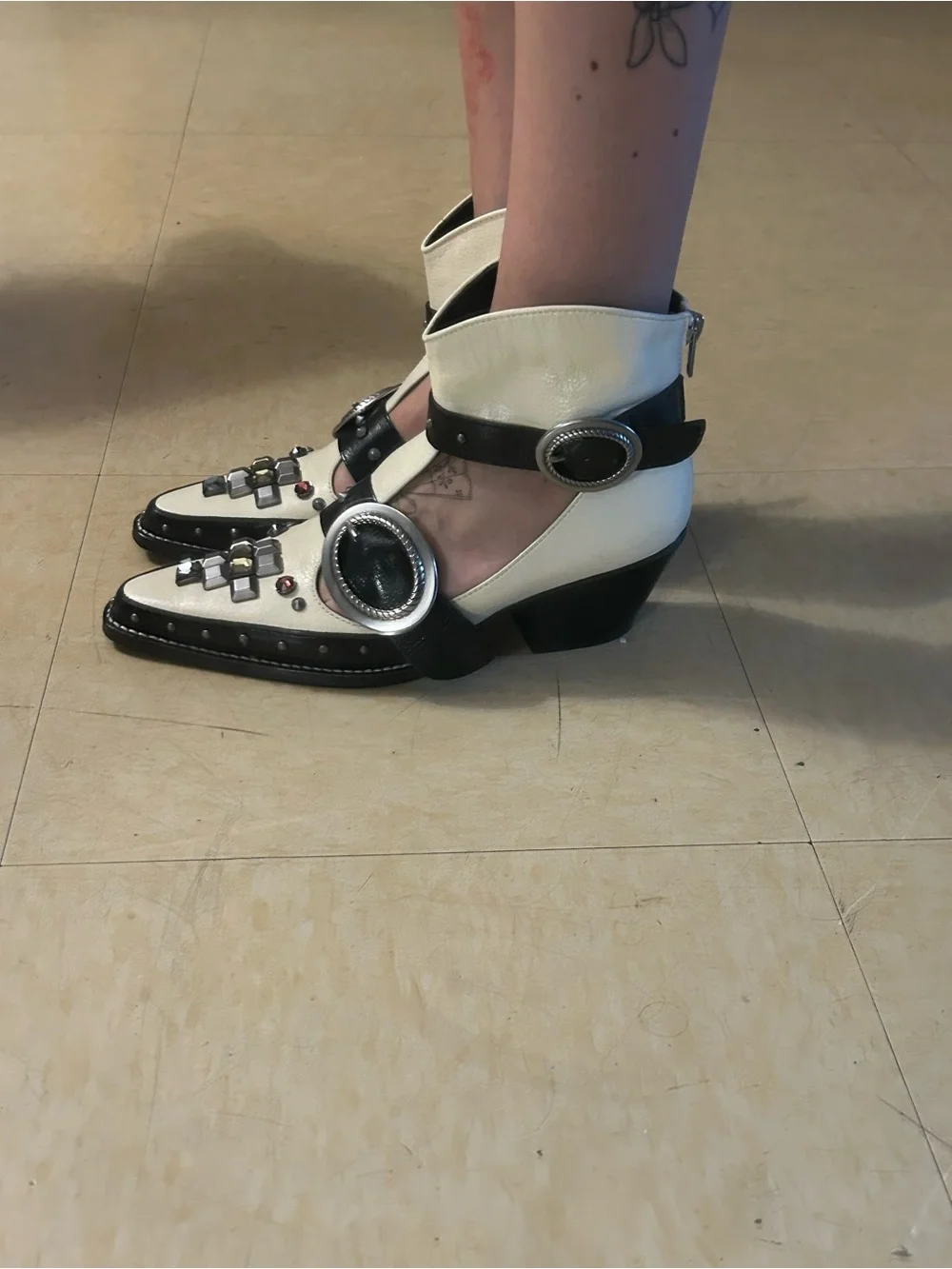 Coach Black and White Embellished Ankle Heeled Boots
